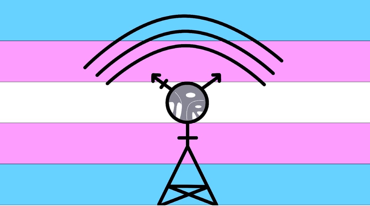 The Trans Pirate Radio logo: a stylized trans symbol, perched on top of an antenna tower, with "TPR" in the center and the trans flag in background.