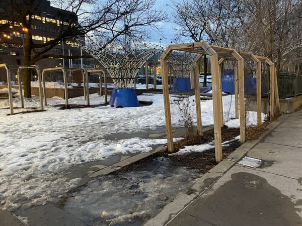 A photo of a small space in Montreal, QC, showing barren plants in a planting area, and decorative metal frameworks that are supposed to be lit, but aren't.